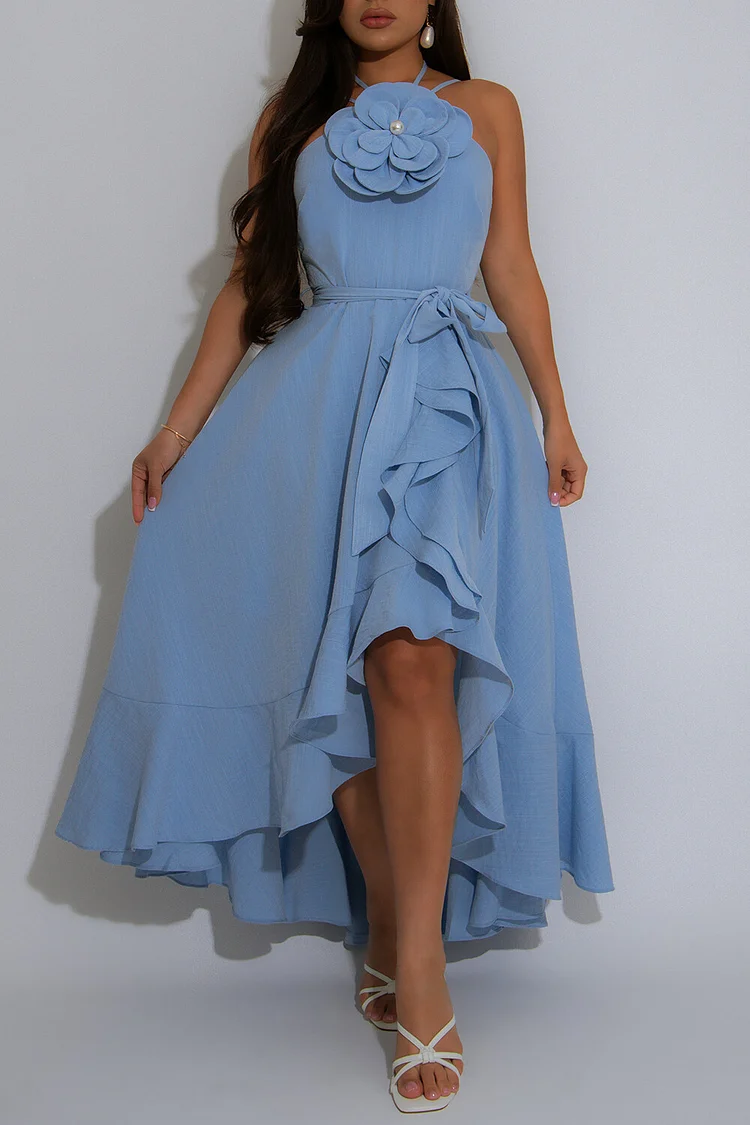 Plus Size Vacation Blue Sundress Halter Collar 3D Ruffle Midi Dresses [Pre-Order] 2024 - Xpluswear
