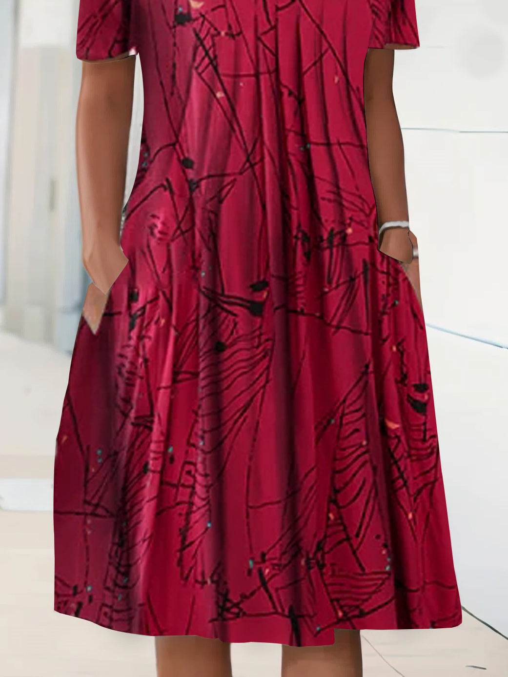 Women Half Sleeve V-neck Solid Color Dress