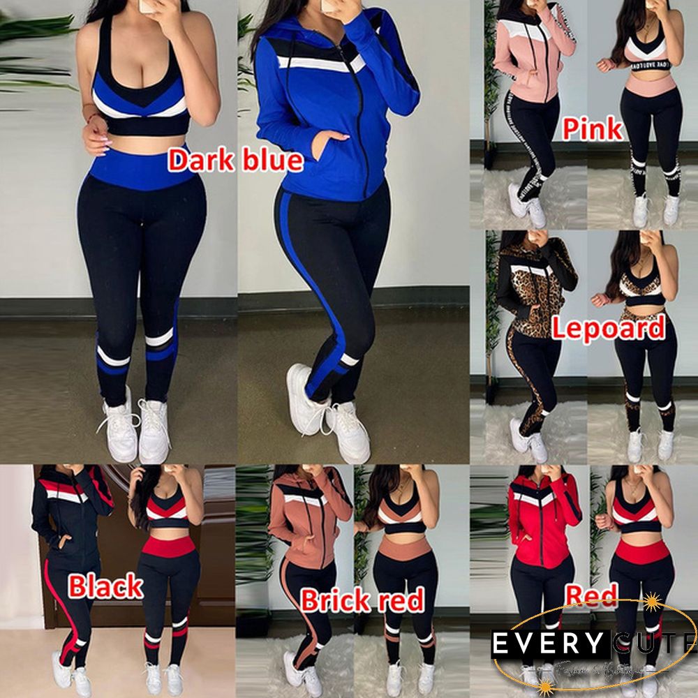 Women Fashion Sports Suits Running Wear Gym Clothes Vest Top / Pants/ Coat 3pcs Set
