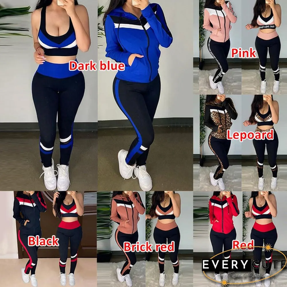 Women Fashion Sports Suits Running Wear Gym Clothes Vest Top / Pants/ Coat 3pcs Set