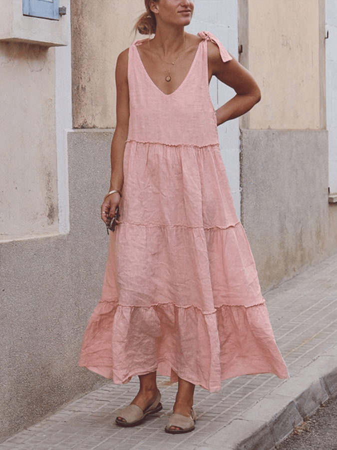 Women's Casual Solid Color Silhouette Lace-Up Skirt Cotton Strappy Dress