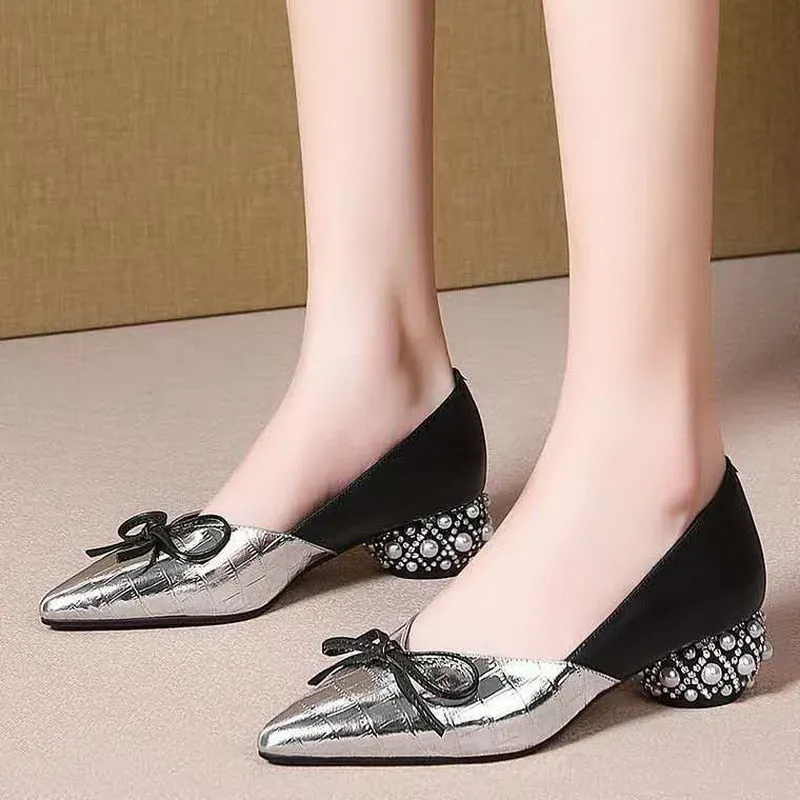 Thick Heel Single Shoes Woman MID Heels Women 2020 Autumn Work Shoe Female Footware Soft Leather Bowtie Pointed Toes SILVER