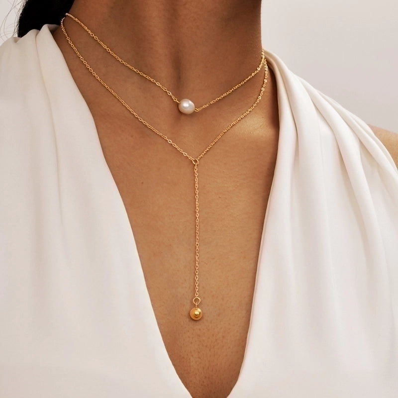 Minimalist Classic Style Solid Color 201 Stainless Steel Artificial Pearls Zircon 18K Gold Plated Layered Long Necklace