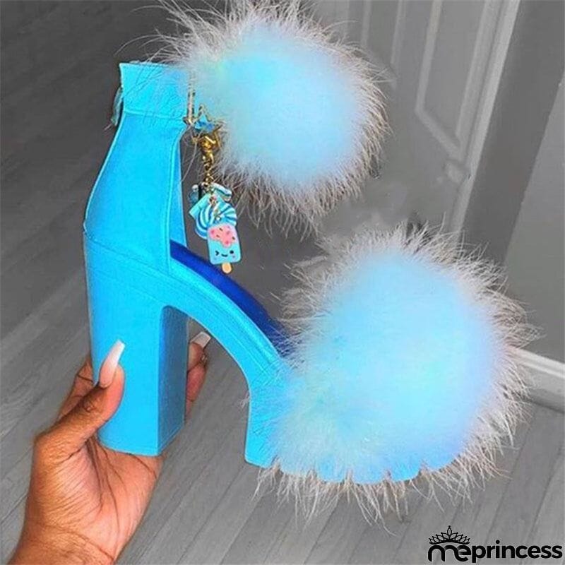 Fashion Fluffy Chunky Heel Pumps Sandals for Women