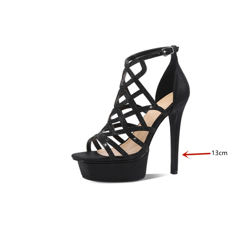 GOOSHOE Women's Leather Rhinestone Square Head Thin High Heel Platform Sandals