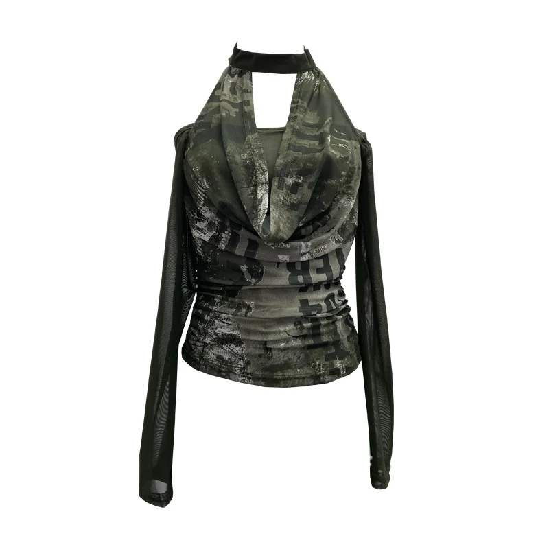 Nigikala Nigikala Hottie Hanging Neck A Word Shoulder Collar Long Sleeve Mesh Yarn T-Shirt 1331