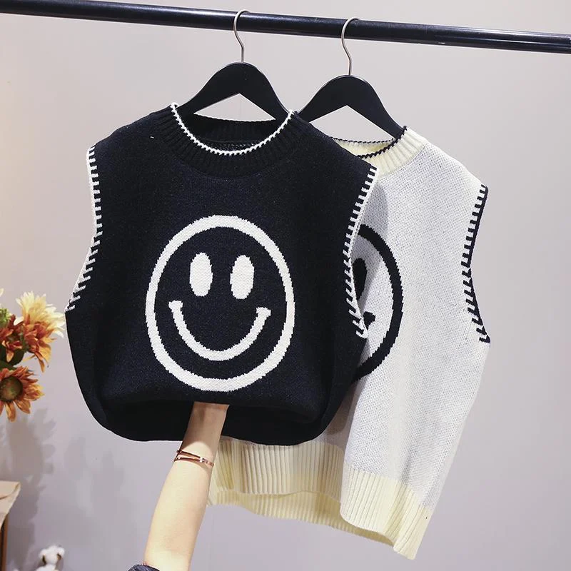 Cartoon smiley jacquard round neck sleeveless knitted vest loose sweater Korean pullover blouse women casual all-match