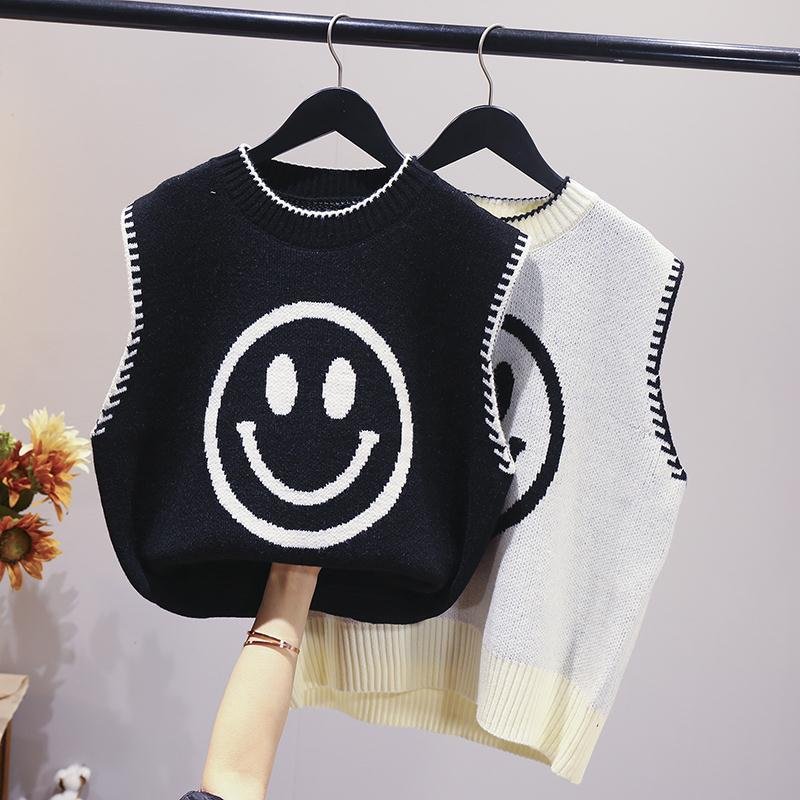 Cartoon smiley jacquard round neck sleeveless knitted vest loose sweater Korean pullover blouse women casual all-match