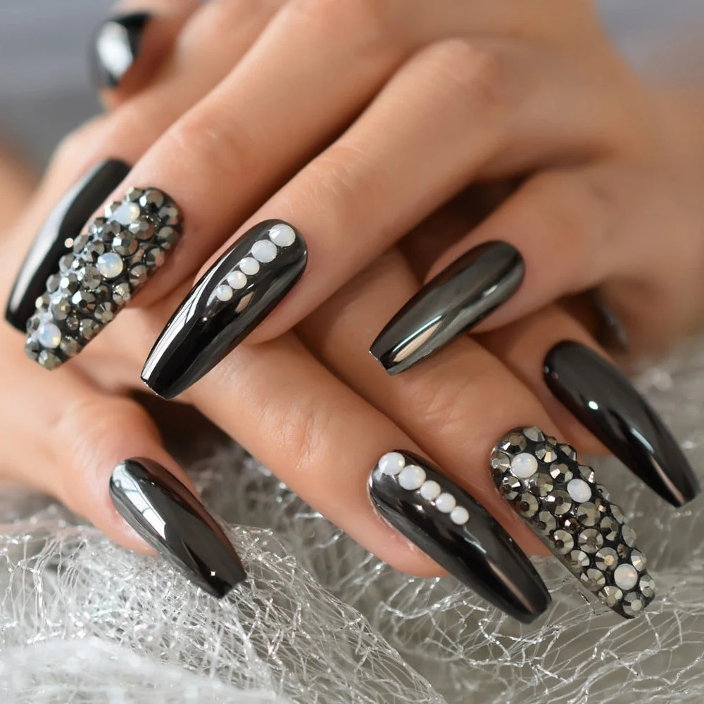 Luxury AB Stone Faux Ongles Rhinestones Decorative Extra Long Square Fake Nails Gegoues Designed Manicure Tips Nude Color-Nail Inspo