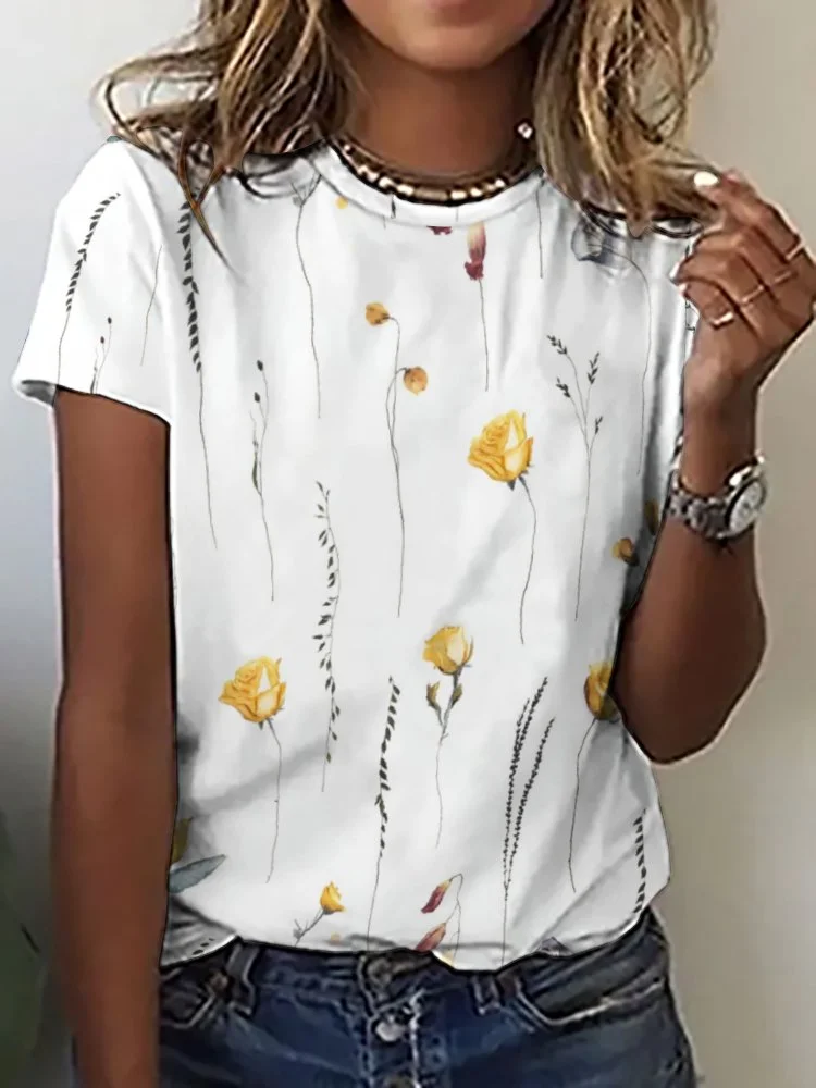 Printed Short Sleeve Casual T-shirt for  Women and Men Unisex Pattern Floral, Yellow, Rose