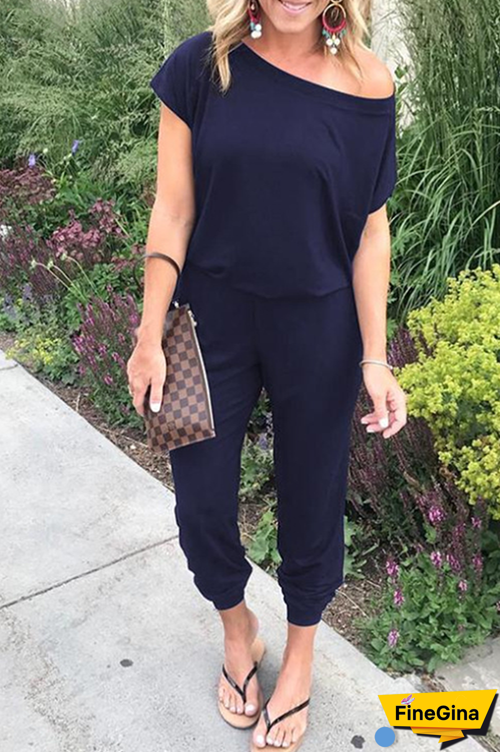 Casual Solid Split Joint Basic Oblique Collar Jumpsuits
