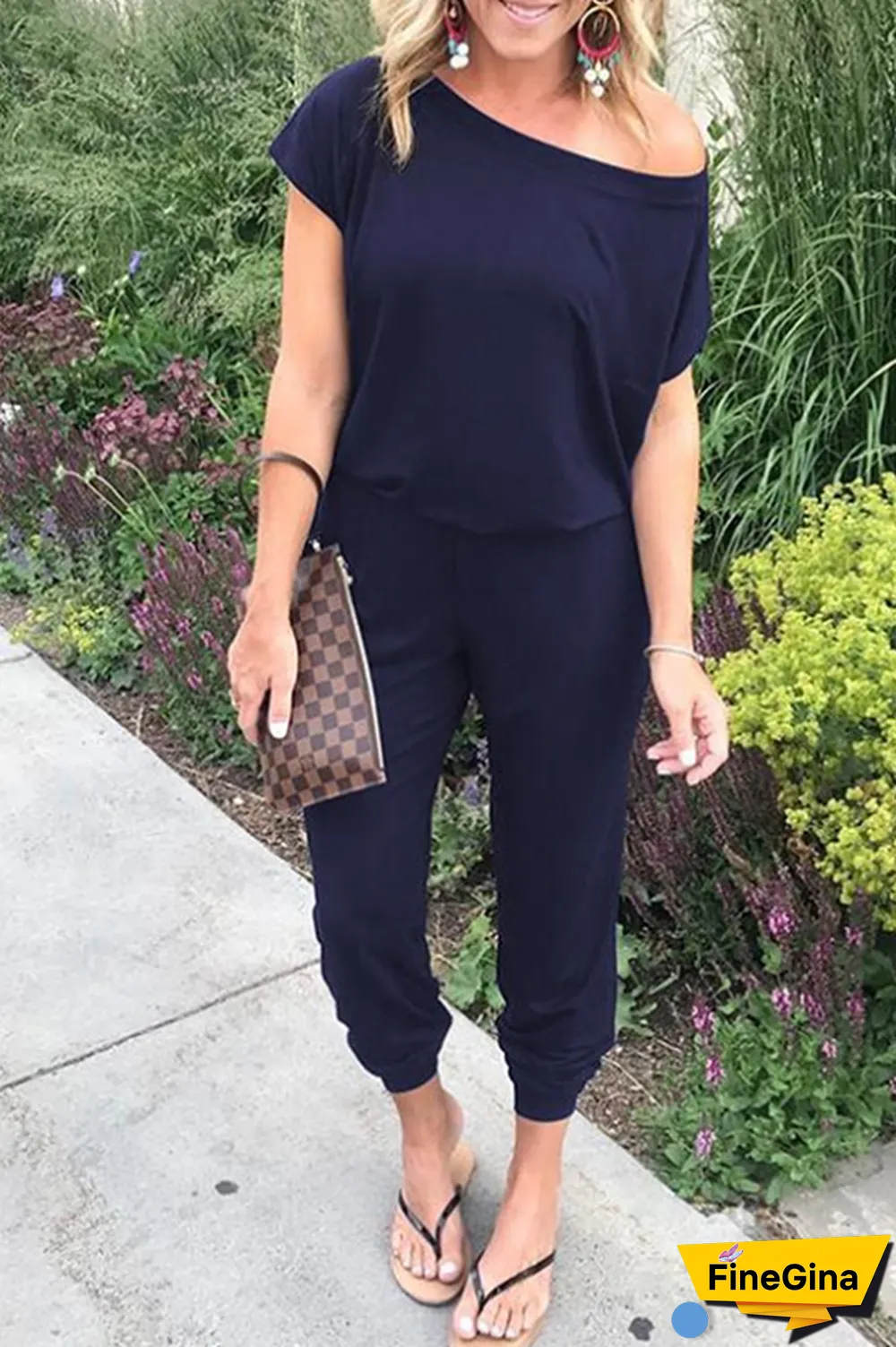 Casual Solid Split Joint Basic Oblique Collar Jumpsuits