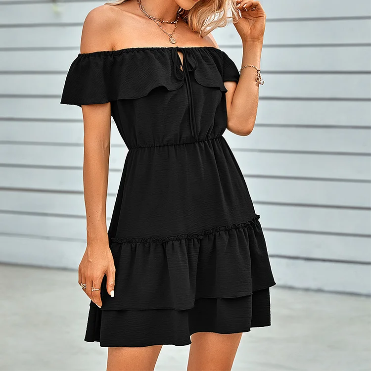Sexy Off-Shoulder Plain A-Line Ruffled Short-Sleeve Mini Dress