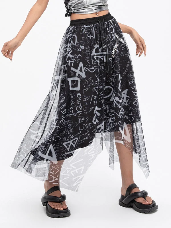 Urban High Waisted Letter Printed Irregular Gauze Skirt