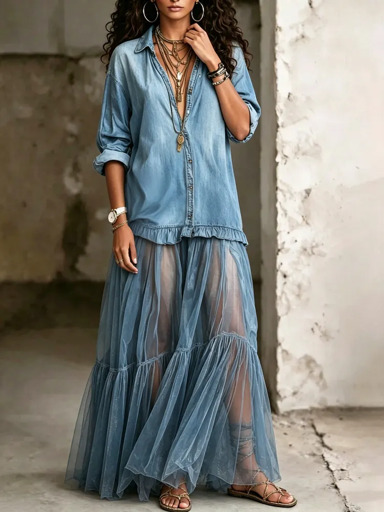 Women's Denim Patchwork Tulle Maxi Dress