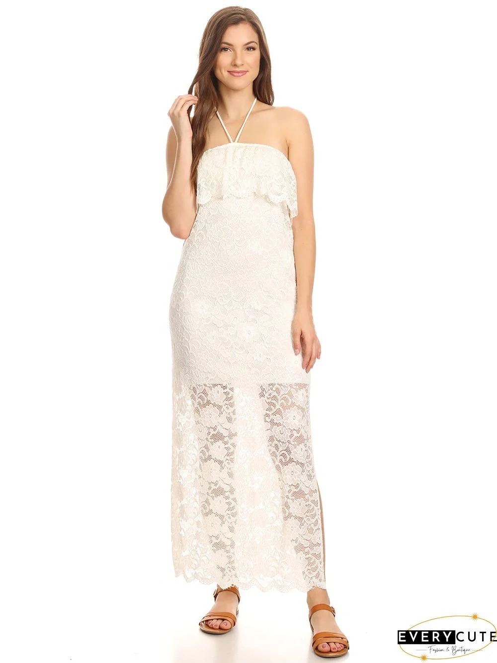 Womens White Lace Convertible Halter Strapless Maxi Dress Cover Up