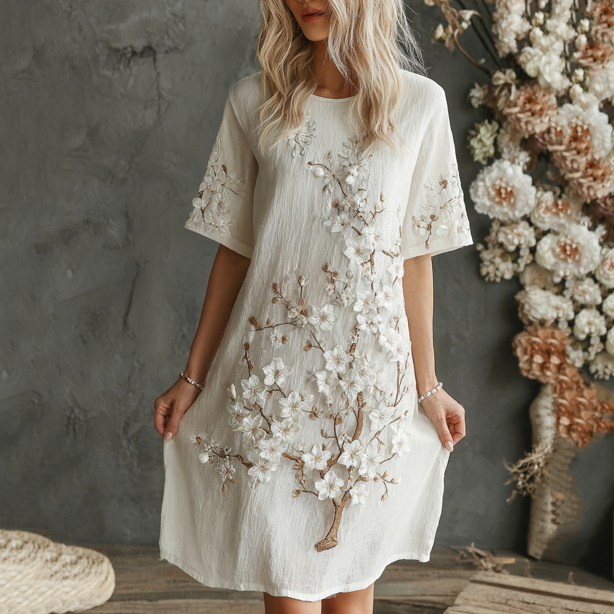 Women's Beautifully Embroidered Floral Print Art Dress elevenforest