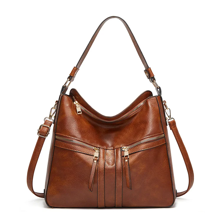 Casual Leather Double Zipper Soft Large Capacity Tote Bag 