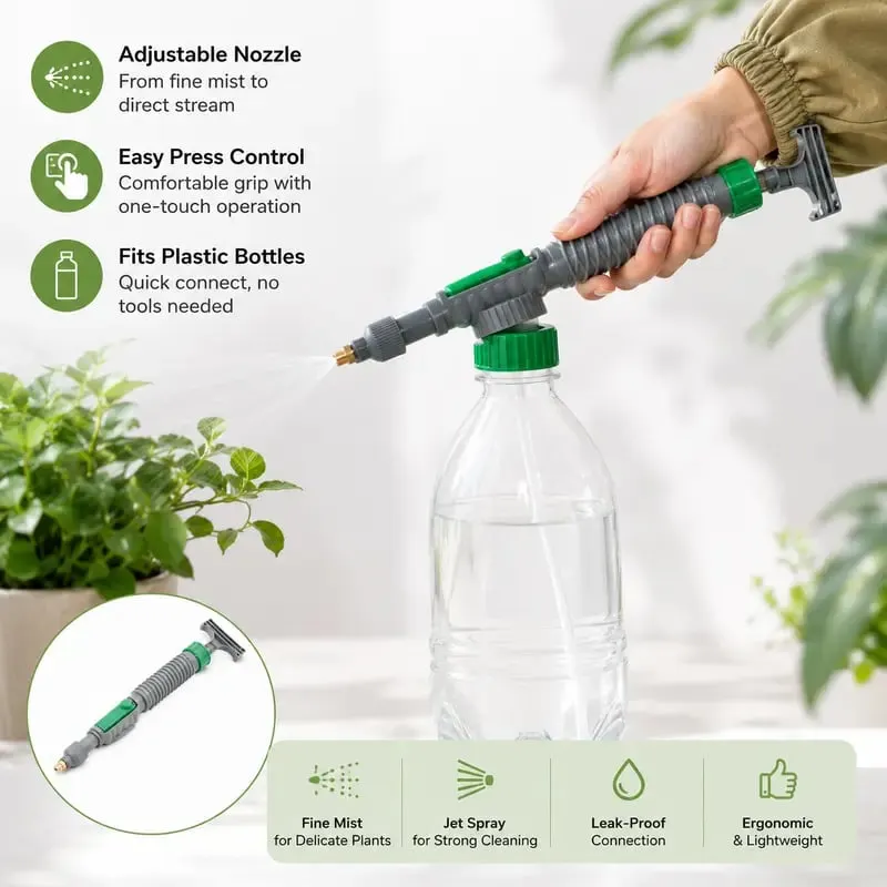 Manual sprayer nozzle attached to a compatible wide-mouth plastic bottle