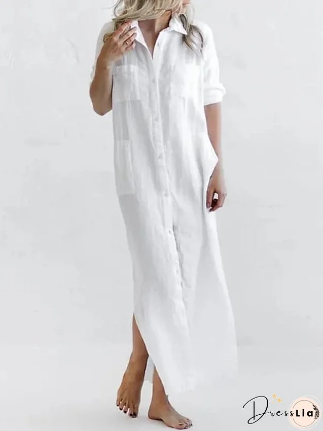 Casual Dress Shirt Dress Linen Dress Long Dress Maxi Dress Green Black Blue 3/4 Length Sleeve Pure Color Button Fall Spring Autumn Shirt Collar Basic Daily Weekend Fall Dress Loose Fit S for Women