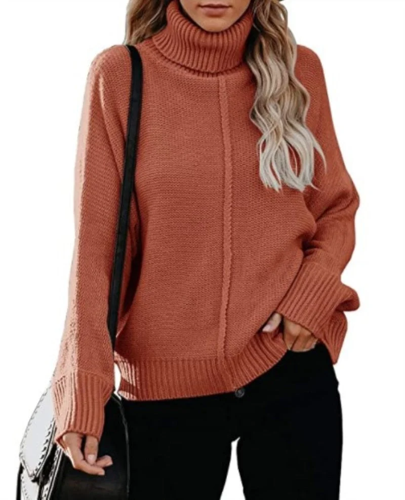 Fitshinling Bohemian Women's Turtleneck Sweater Knitwear Patchwork Reverse Line Jumper Pullover Winter Tops Holiday Sweaters New