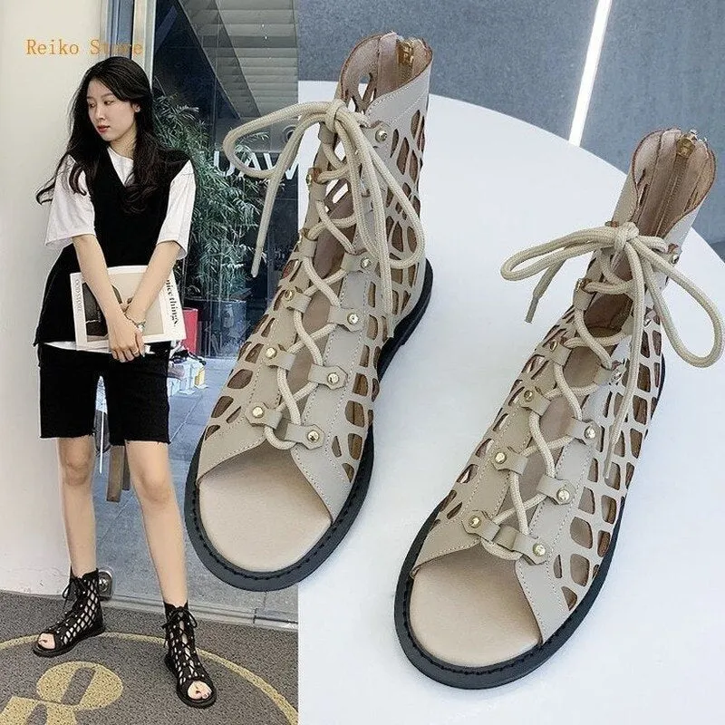 Mesh Boots Women 2021 Summer Internet Hot Sandals Roman Style Hollow-out Flat Fish Mouth Retro High Top Sandal Boots zapatillas