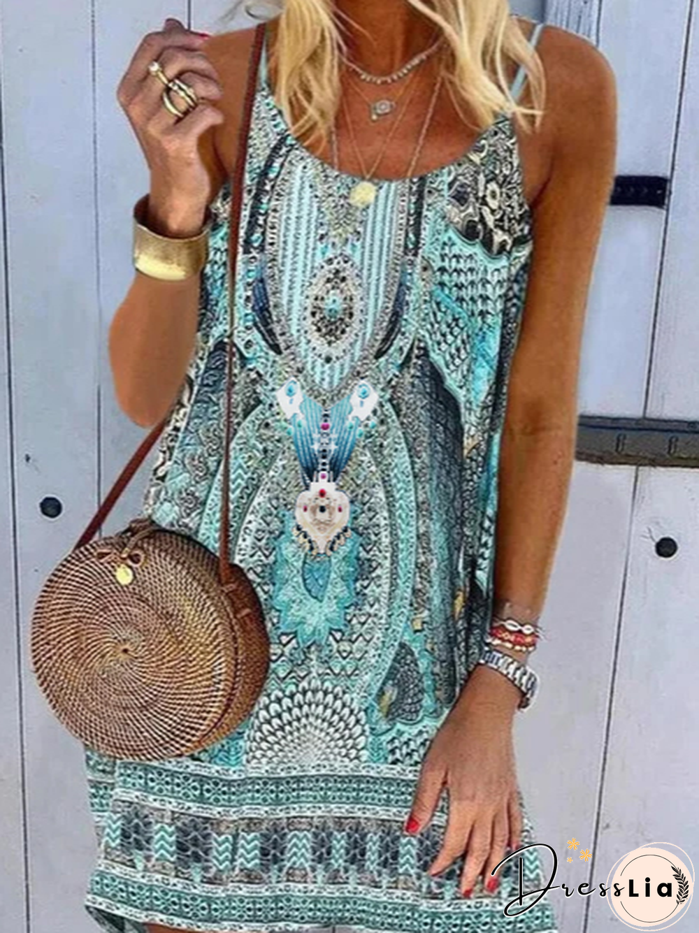 Women Sleeveless A-Line Tribal Mini Weaving Dress