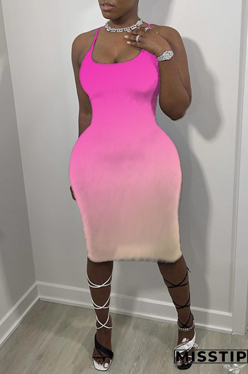 Pink Sexy Casual Gradual Change Print Backless Spaghetti Strap Sleeveless Dress