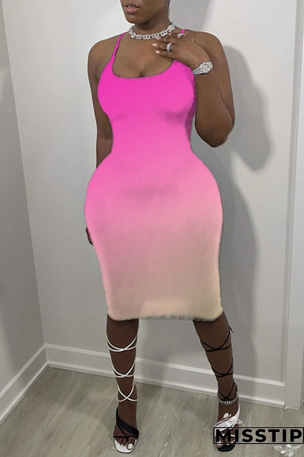 Pink Sexy Casual Gradual Change Print Backless Spaghetti Strap Sleeveless Dress