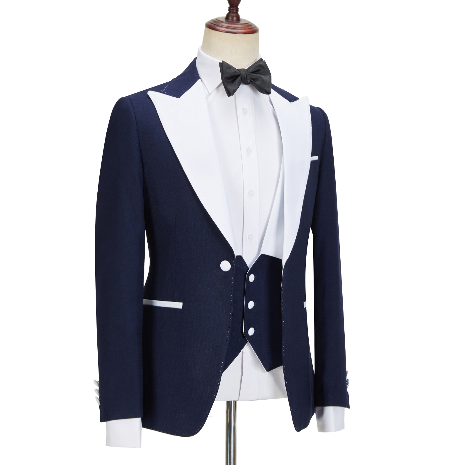 Tyler Navy Blue Peaked Lapel Easy Fit  Three Pieces Men suits