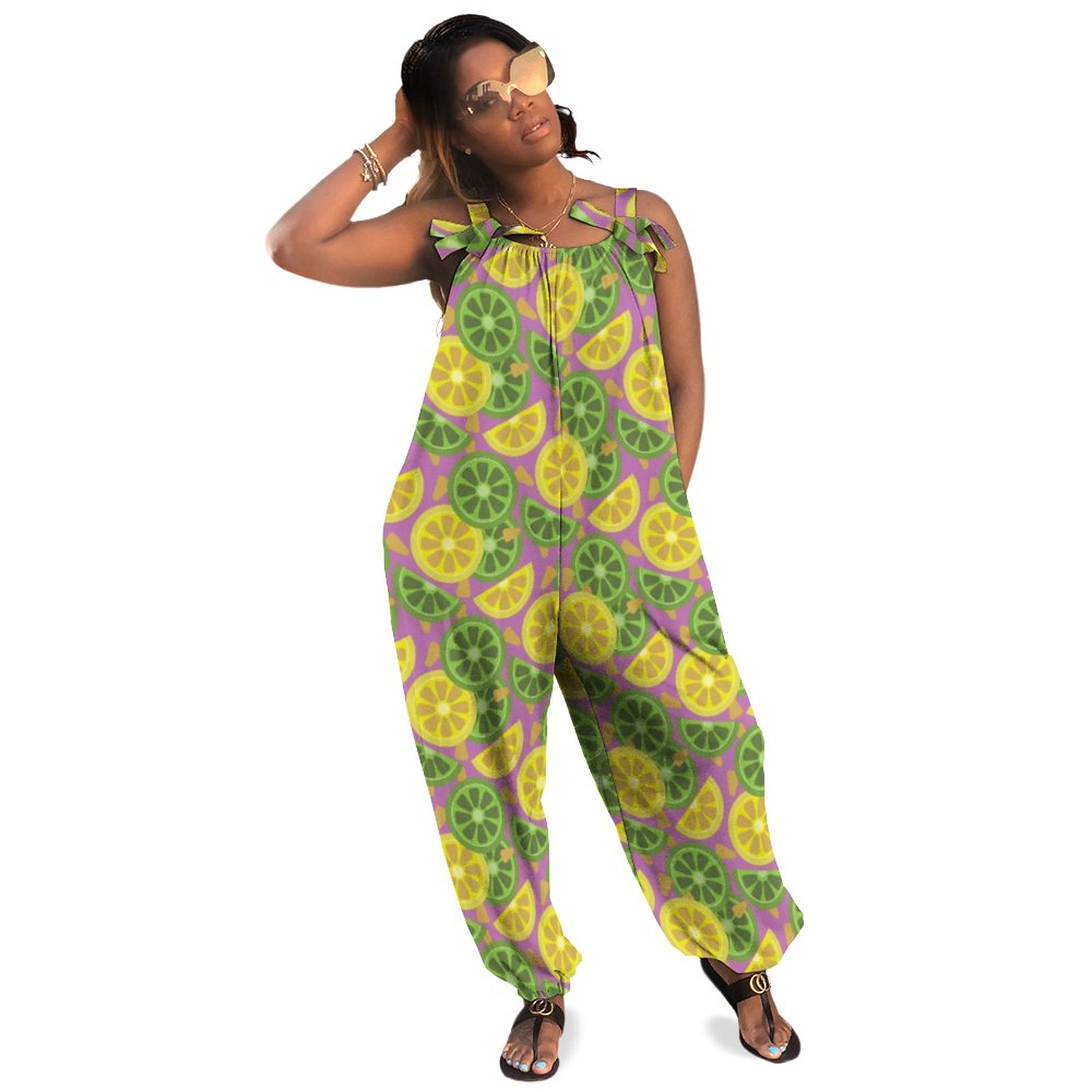 Cute Citrus Purples Plus Size Women Rompers Summer Casual Loose Dressy Jumpsuit Workout Playsuits Boho Pockets Polyester Spandex