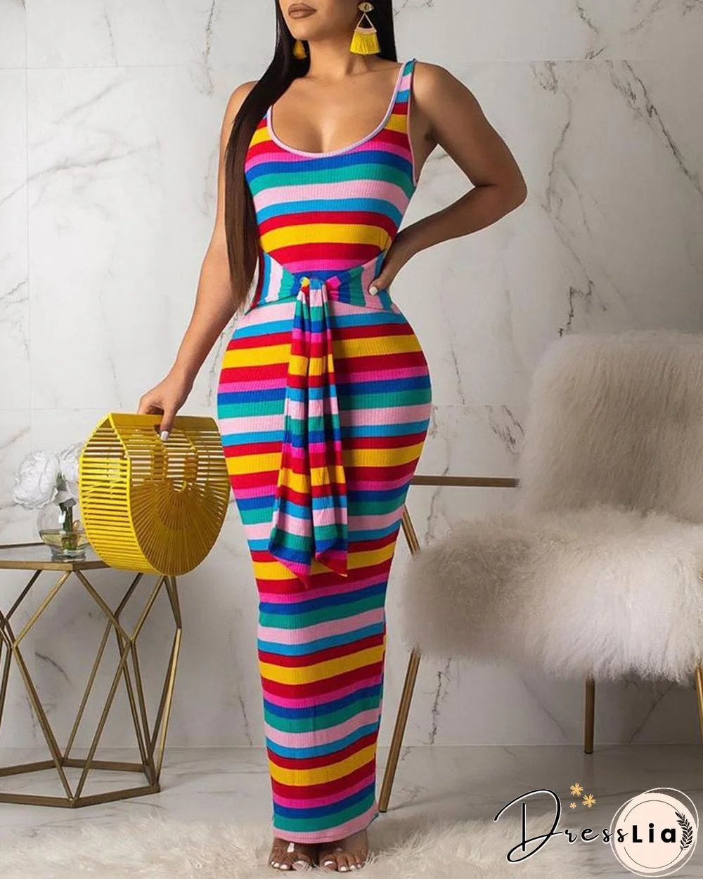 Striped Colorblock Tied Detail Maxi Dress