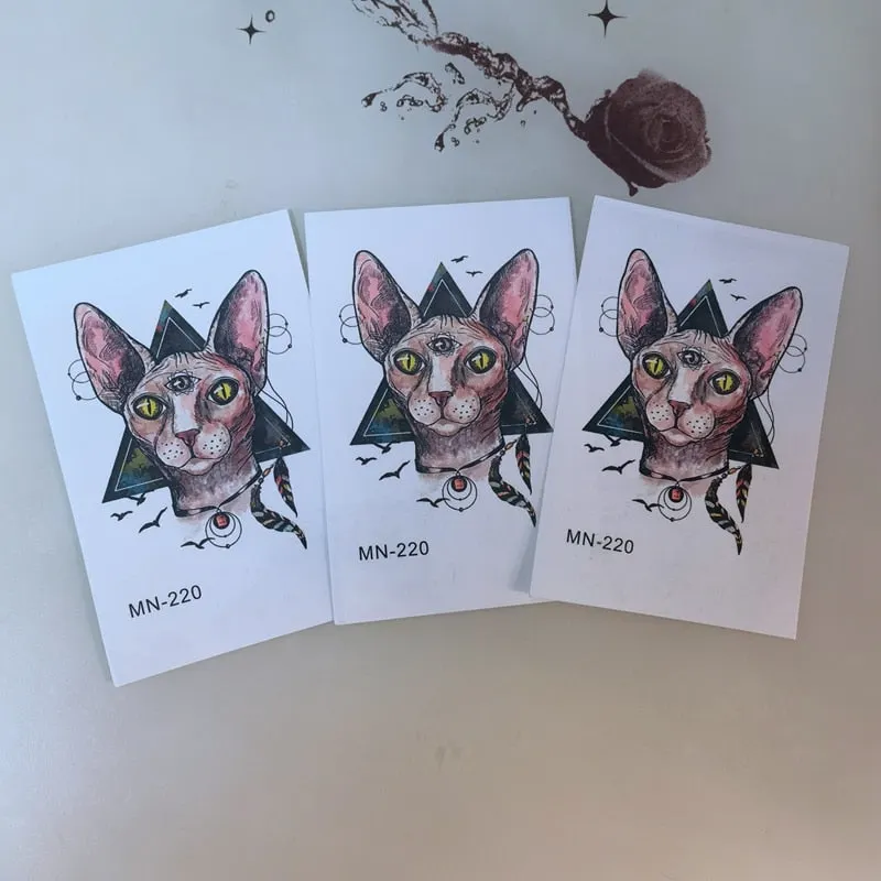 Sphinx Cat Head Tattoo Sticker Animal Pattern Design Waterproof Temporary Woman Personality Art Color Flower Arm Tattoo Sticker