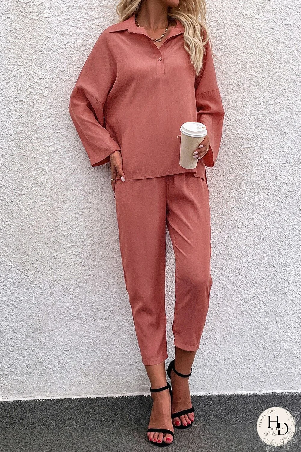 Women Pant 2-Piece Set For Summer Pants Sets New All Seasons Solid Slit Button-Up Shirt Elastic Waist Trousers Suit