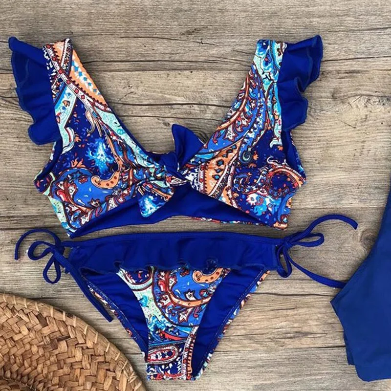 Ruffled Bikini Set 2020 Sexy Flounce Biquini Swimwear Women Swimming pants Swimsuit Floral Beachwear V-neck Bathing Suit