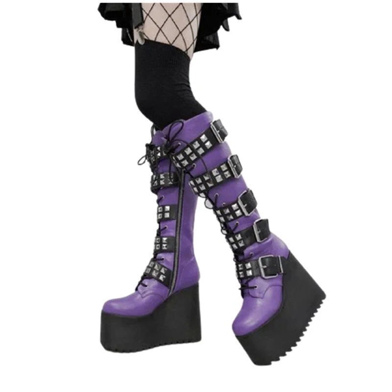 Women Knee High Boots Wedge Rivets Buckle Strap Zipper-Sid Flat Platform Female Shoes Cross-tied Thick Bottom Purple Botas Mujer