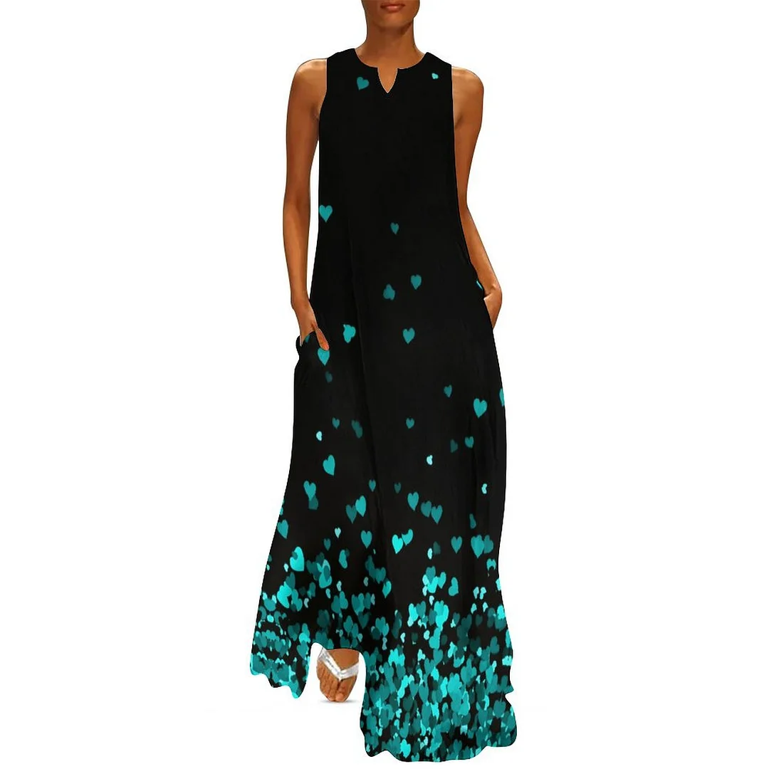 Style & Comfort for Mature Women Plus Size Printed Sleeveless Casual Women Maxi Dress with Pockets in Pattern Turquoise, Herat, Green, Black