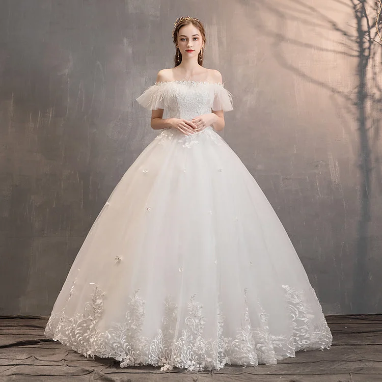 Women's Evening Dress Ball Gown Princess Quinceanera Wedding Dresses Simple Off-Shoulder Lace Wedding Dress White Slimming Tulle Tutu Dress