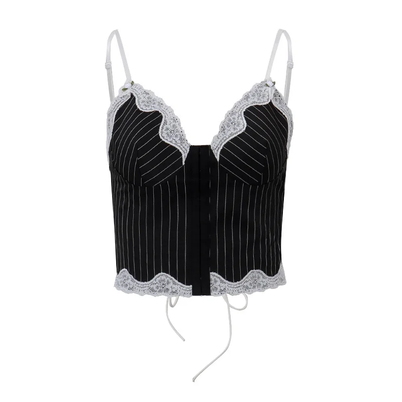 Uveng Uveng Women's Wear Spring 2024 New Sexy Hot Girl Lace Stripe Stitching Contrast Color Low Breast Sling Vest