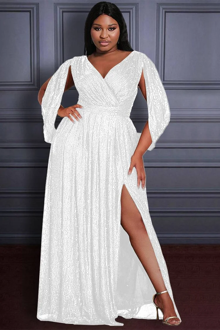 Xpluswear Design Plus Size White Formal Sequin High Slit Maxi Dresses
