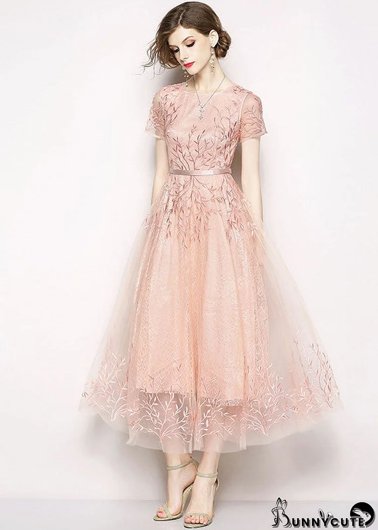 Style Pink Embroideried Tulle Long Dress Short Sleeve