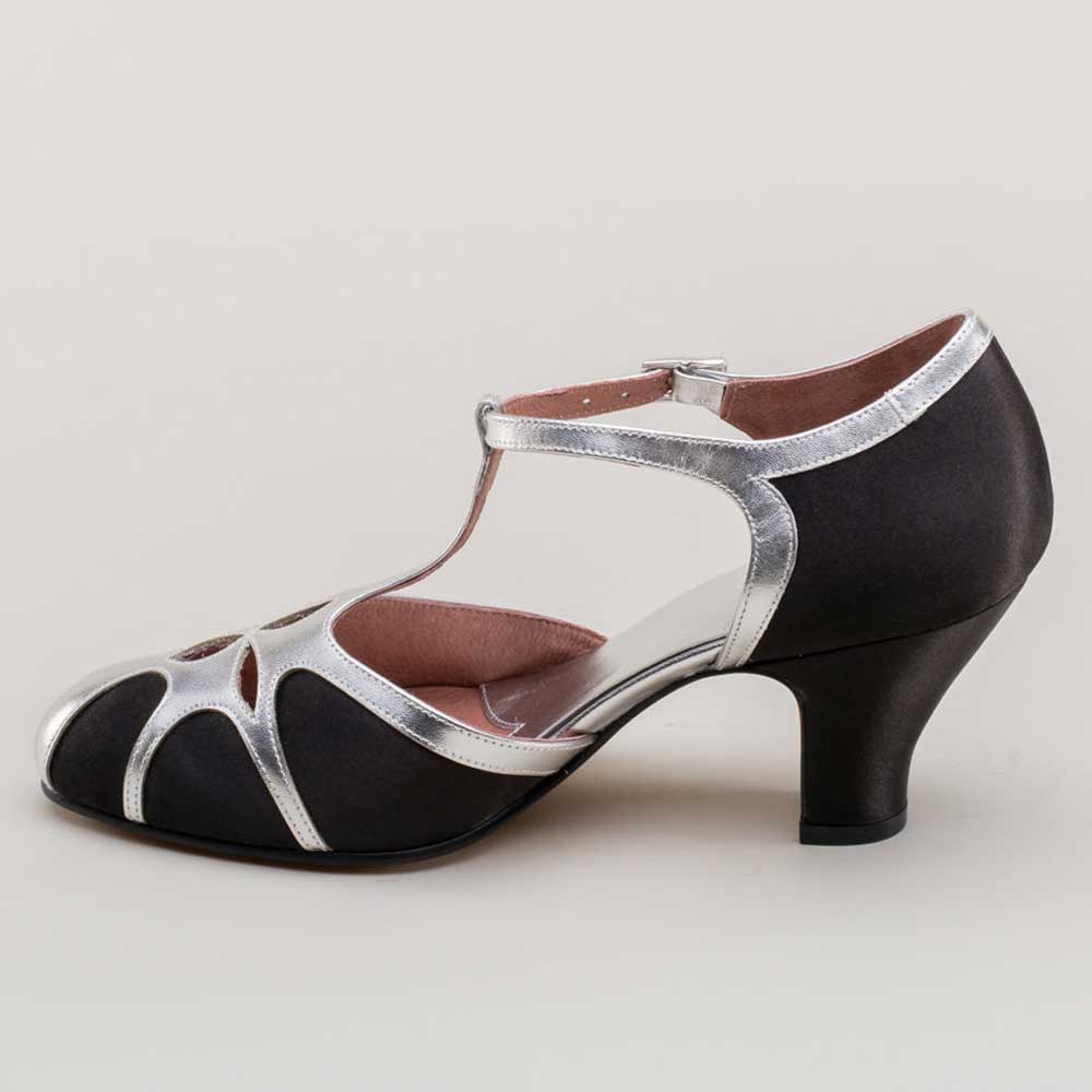 Black & Silver Satin Closed Toe Hollow Out Vintage T Strap Heels Nicepairs