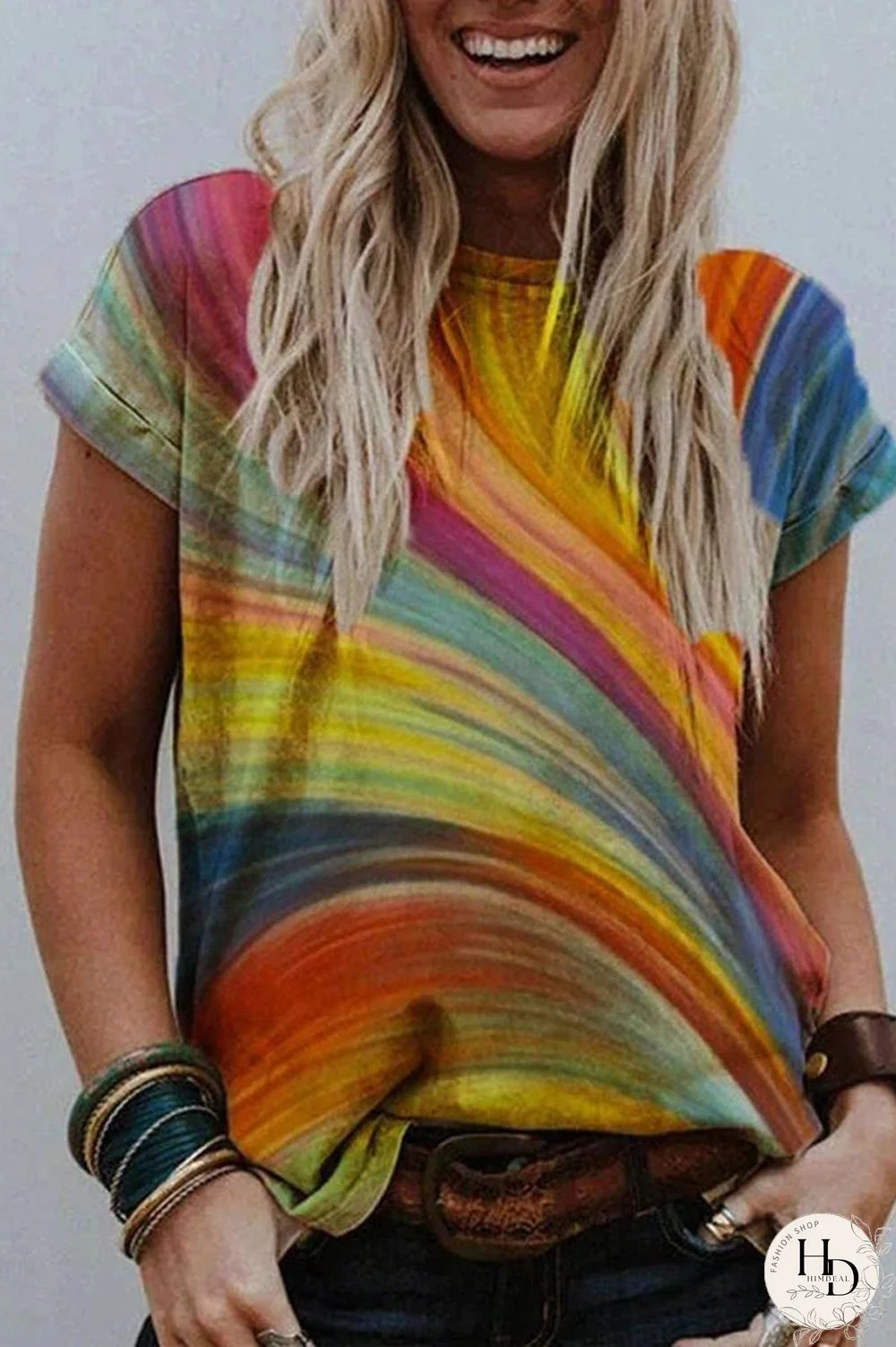 Rainbow Color Casual Short Sleeve T-Shirt