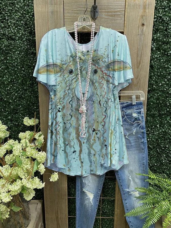 Sheep Print Crew Neck Short Sleeve Cotton-Blend Shirts & Tops-Mayoulove