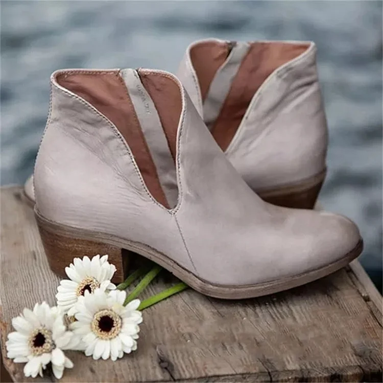Womens V Cut Out Ankle Boots Chunky Heel Almond Toe Side Zipper Short Boots shopify Stunahome.com