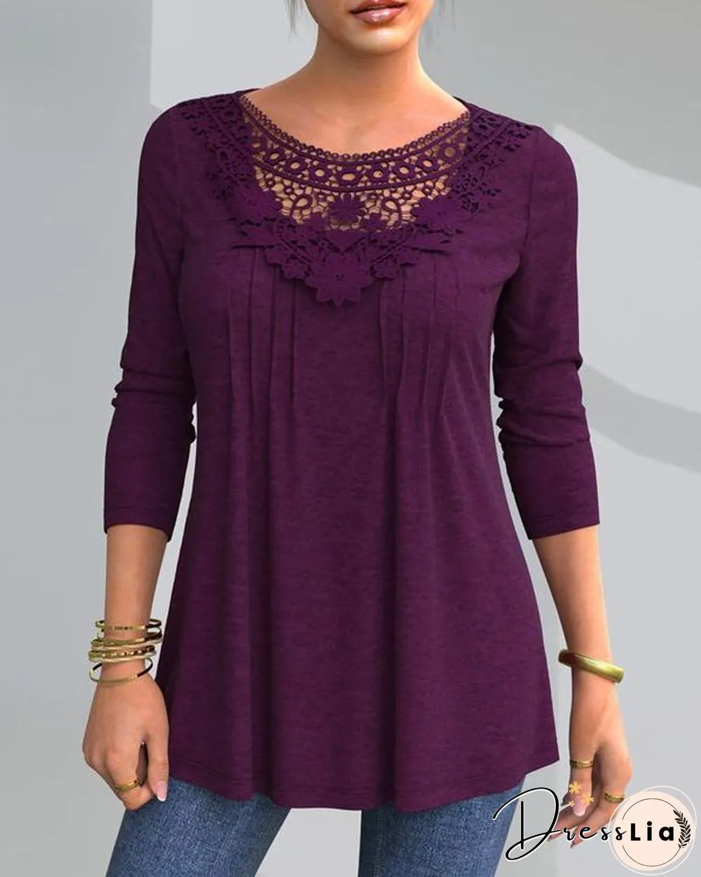 Elegant Slim Lace Pleated Solid Color Tunic Shirt & Tops