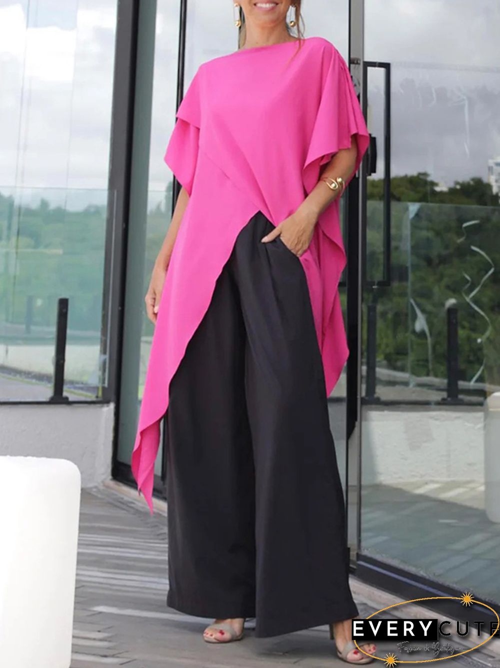 Irregular Clipping Loose Asymmetric Solid Color T-Shirts Tops