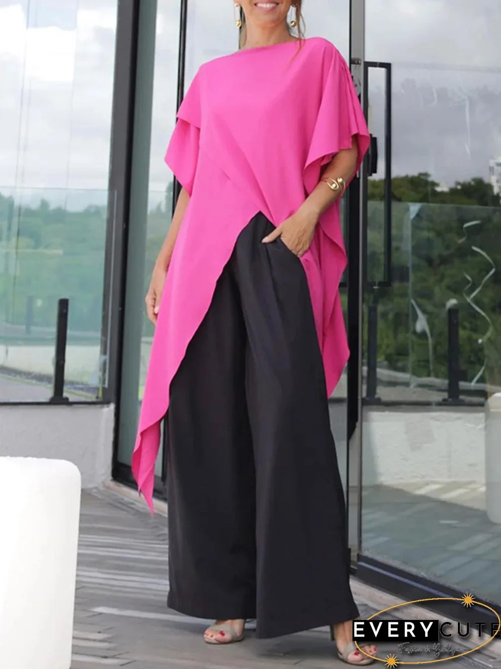 Irregular Clipping Loose Asymmetric Solid Color T-Shirts Tops