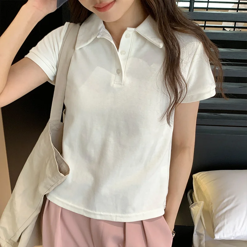 Ueong Hot Girls Polo Collar Solid Color Short-Sleeved T-Shirt Women's Summer New Design Style Basic Style Blouse