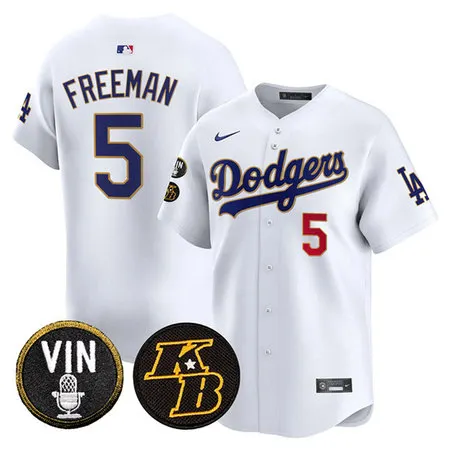 Youth Los Angeles Dodgers #5 Freddie Freeman White 2026 Vin & Kobe Patch Gold Trim Vapor Premier Limited Stitched Baseball Jersey